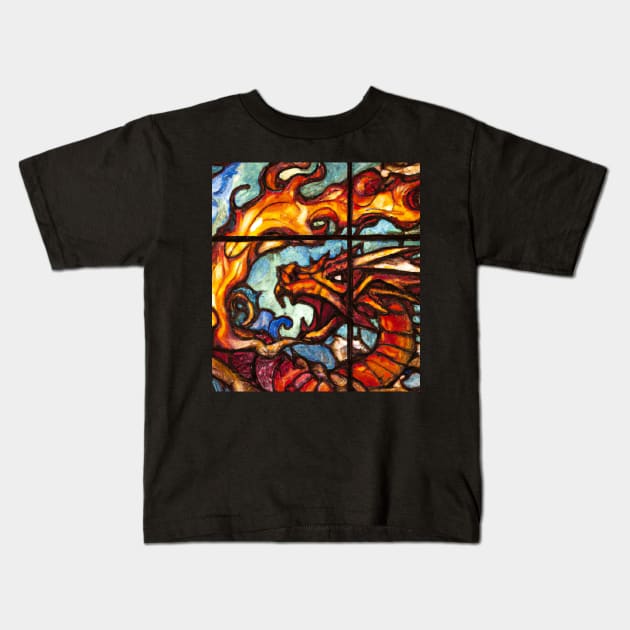 Red Dragon Breathing Fire Stained Glass Kids T-Shirt by myshirtylife